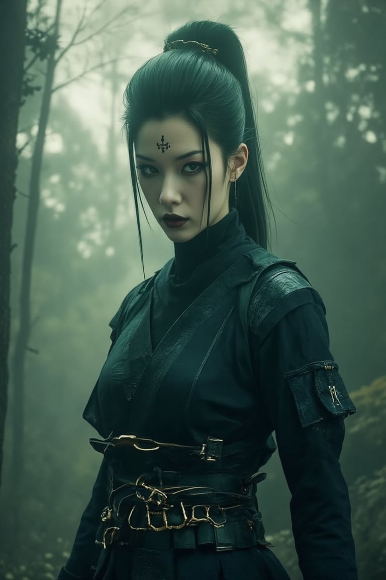 A beautiful sci fi ninja girl with long green hair in a ponytail, a mysterious gaze from her red eyes on a symmetric and beautiful face with thin eyebrows and sharp eyelashes, she has little shuriken earrings on her elegant ears, her skin is silky smooth and beautifully pale, she is in a high tech carbon ninja suit equipped with a big and a medium sized katana, little ninja knives and shuriken's on the high tech belt made of carbon alloy and carrying most of her gadgets, the ninja suit is made for maximum silence with an aerodynamic shape and it fits perfectly on the females body, the ninja girl is in a forest brightly lit by high lux moon rays, full body shot, hyper detailed, detailed textures, bright colors, dynamic lighting, HDR, 16k,Ghost,Spider spirit Fourth sister