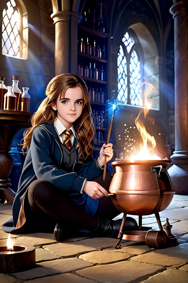 Hermione Granger (Emma Watson at the age of 14) with blue eyes, big copper potion cauldron, brew, brewing potions, magically mix the potion with her wand, mixing potions, sitting, sitting on the ground, dim light, volumetric lighting, hyper realistic, intricate background, looking at viewer, perfectly detailed eyes, 