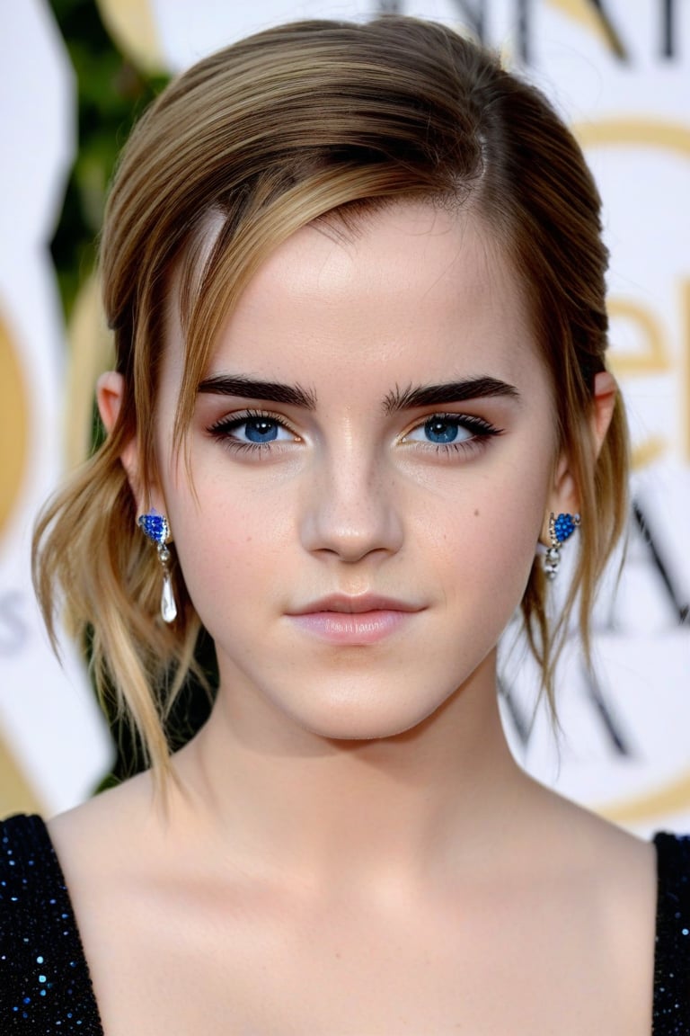 A whimsical full body shot of a young beautiful girl (Emma Watson at the age of 14) with vibrant blonde hair and piercing blue eyes. She wears a fitting black intricate nanofiber suit, highlighting her delicate features and sparkling jewelry, her parted lips slightly puckered, and freckles scattering across her cheeks. Blurred background. Looking at viewer, detailed eyes, very detailed eyes, perfectly detailed face,