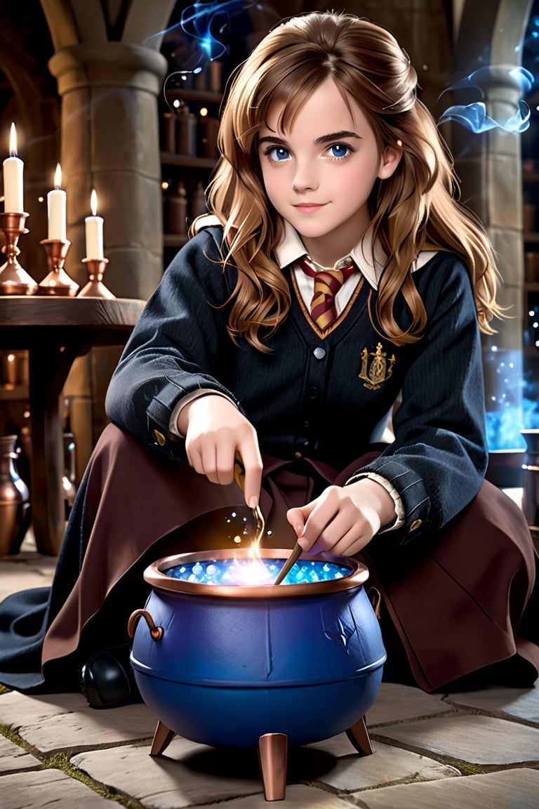 Hermione Granger (Emma Watson at the age of 14) with blue eyes, big copper potion cauldron, brew, brewing potions, magically mix the potion with her wand, mixing potions, sitting, sitting on the ground, dim light, volumetric lighting, hyper realistic, intricate background, looking at viewer, perfectly detailed eyes, 