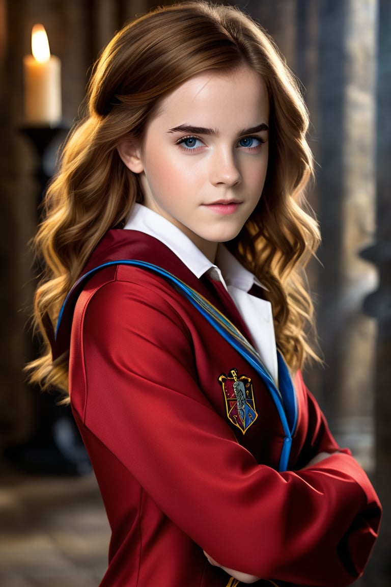 Create a realistic full body photo of slim beautiful young girl (Emma Watson at the age of 14), blue eyes, with short neon red hair and perfect blue eyes, standing, waering a red tight fitting nanofiber nightsuit with black details, embroidered gryffindor logo, impressive pose, perfectly detailed eyes, detailed face, detailed make-up, hogwarts facility as background, dim light