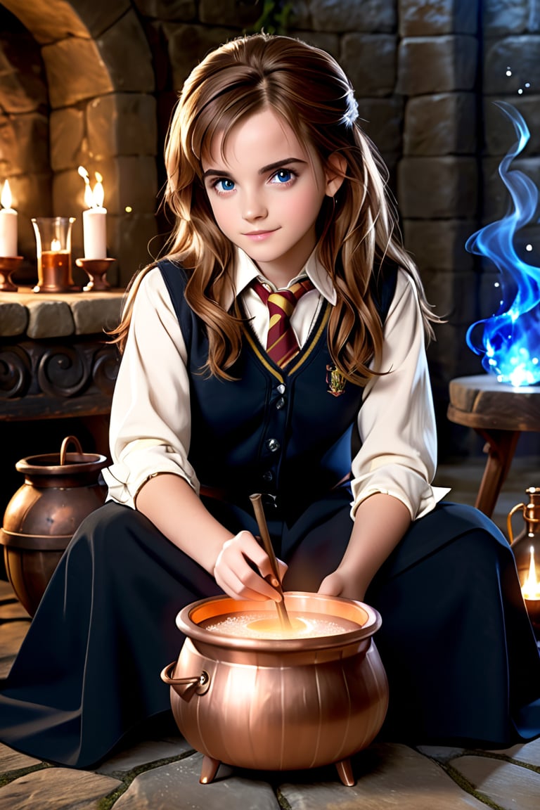 Hermione Granger (Emma Watson at the age of 14) with blue eyes, big copper potion cauldron, brew, brewing potions, magically mix the potion with her wand, mixing potions, sitting, sitting on the ground, dim light, volumetric lighting, hyper realistic, intricate background, looking at viewer, perfectly detailed eyes, 