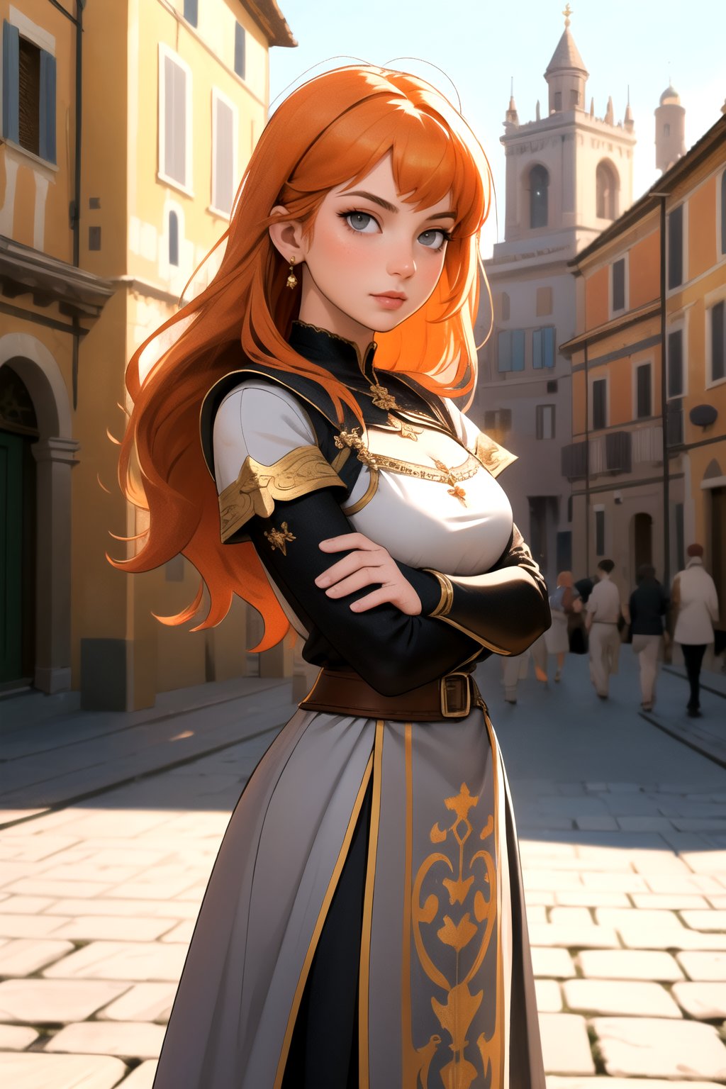 centered, masterpiece, |  woman, standing, solo, fantasy world, medieval town, european architecture, rome, italy, | bokeh, depth of field, hyperealistic shadows, orange hair, grey eyes, arms crossed front
