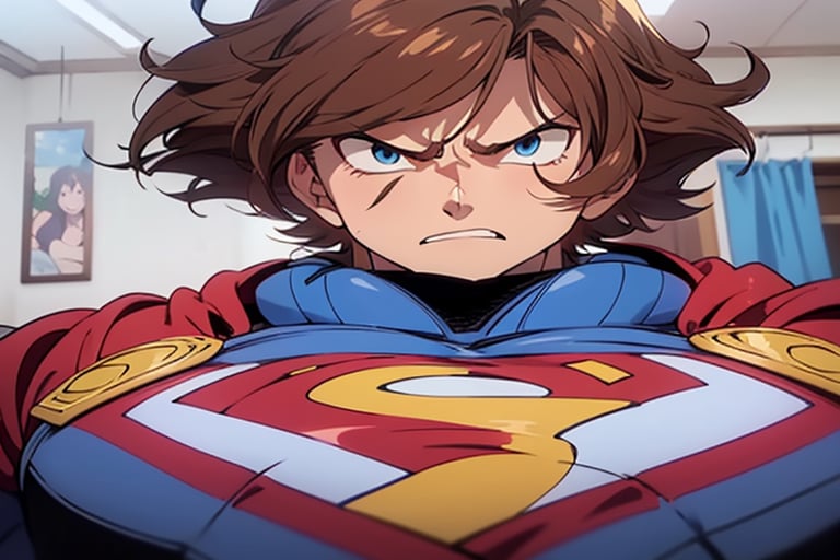 Javier Milei, Superman suit, Blue Eyes, swirly hair, brown hair, angry, fighting stance, looking away, 
2d, anime, animation.
Argentina, President Argentina.,Castlevania_animation