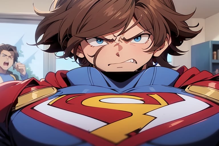 Javier Milei, Superman suit, Blue Eyes, swirly hair, brown hair, angry, fighting stance, looking away, 
2d, anime, animation.
Argentina, President Argentina.,Castlevania_animation