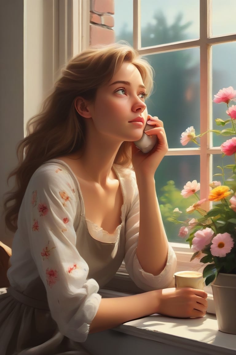 Oil painting,  girl leaning against the window sill,  resting her chin on the window and looking out the window by user_76...