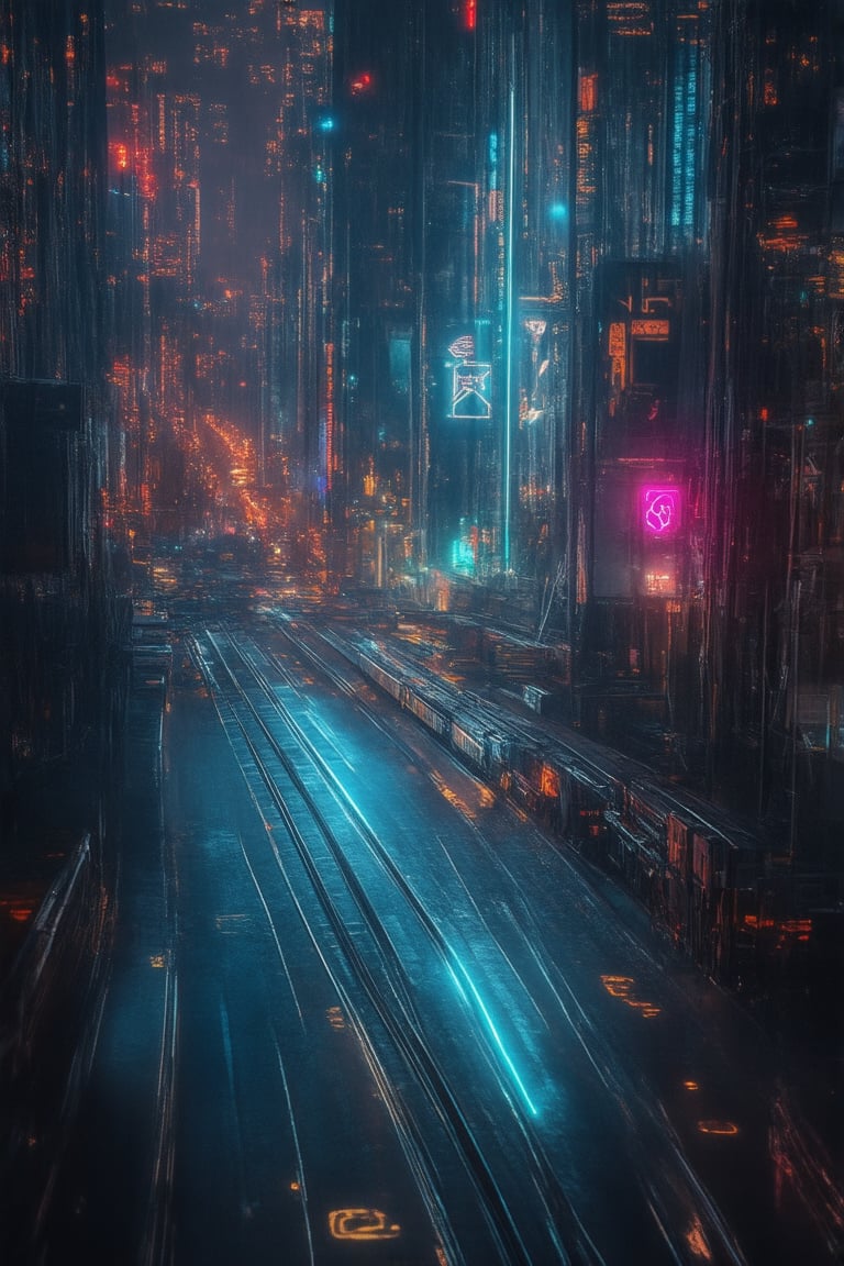 "Wide Aerial View of Neon-Blue Railway Tracks Cutting Through a Dystopian Cyberpunk City"
A sweeping aerial shot of neon-blue railway tracks slicing through the heart of a sprawling, dystopian cyberpunk city. The tracks glow brightly against the dark, rain-soaked streets, with cargo trains zipping past towering skyscrapers adorned with holographic advertisements and flickering neon signs.
