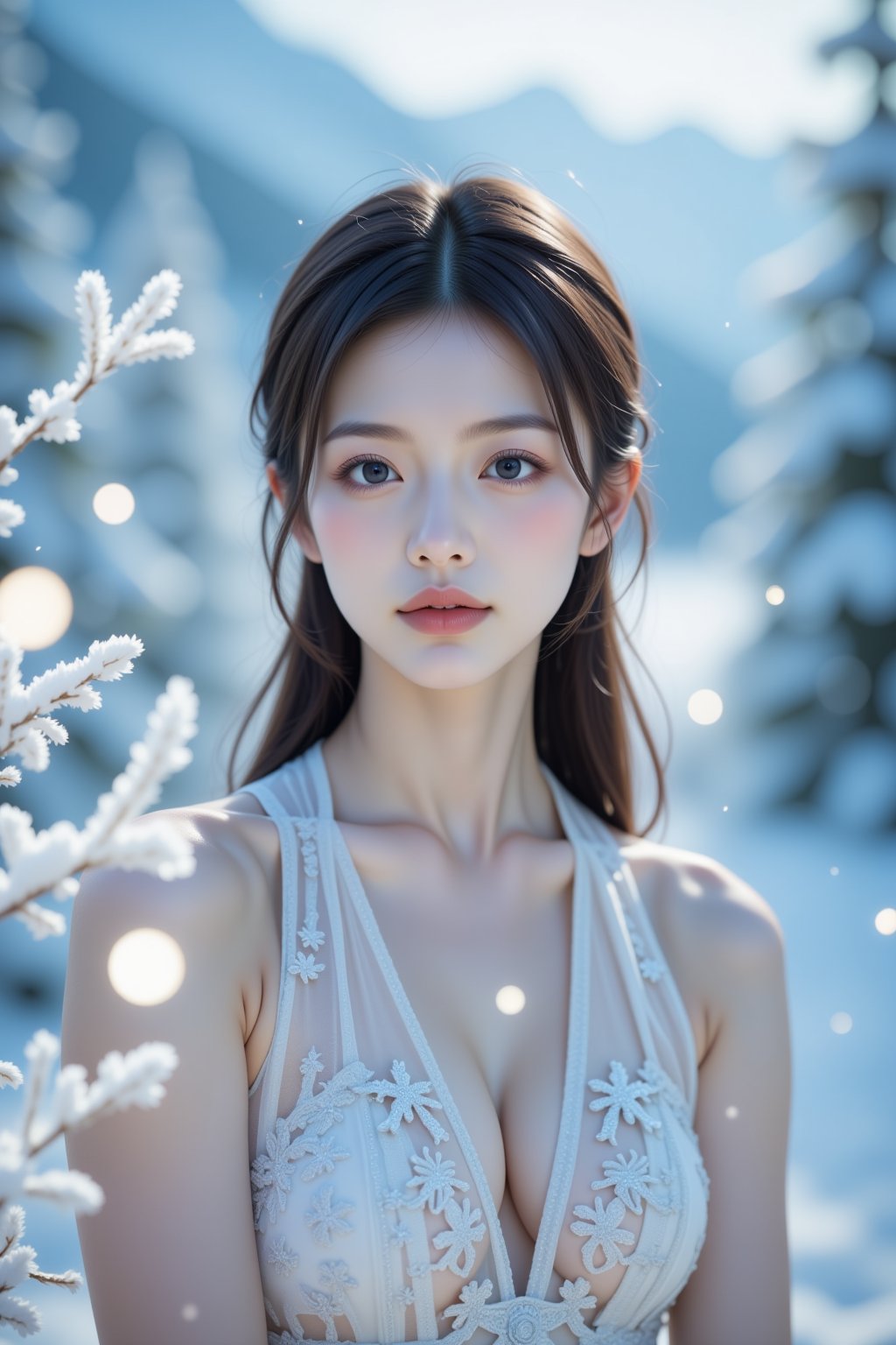 a realistic portrait of a stunningly beautiful girl,  focusing on her upper body. She has a mature,  confident expression...