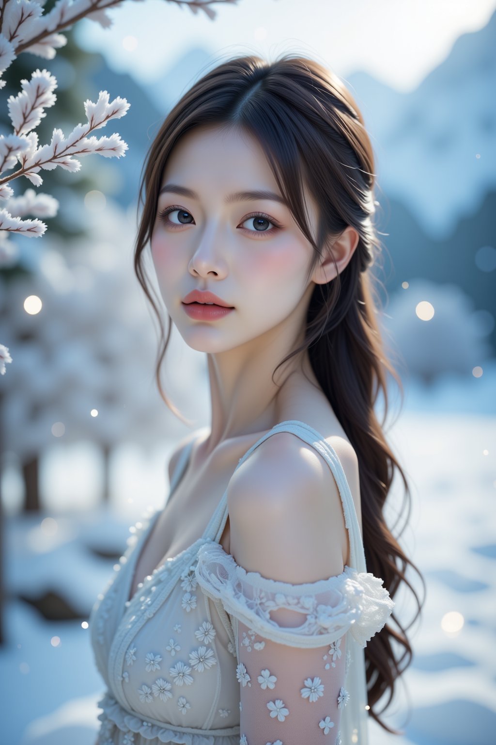 a realistic portrait of a stunningly beautiful girl,  focusing on her upper body,  occupying one-third of the frame accord...