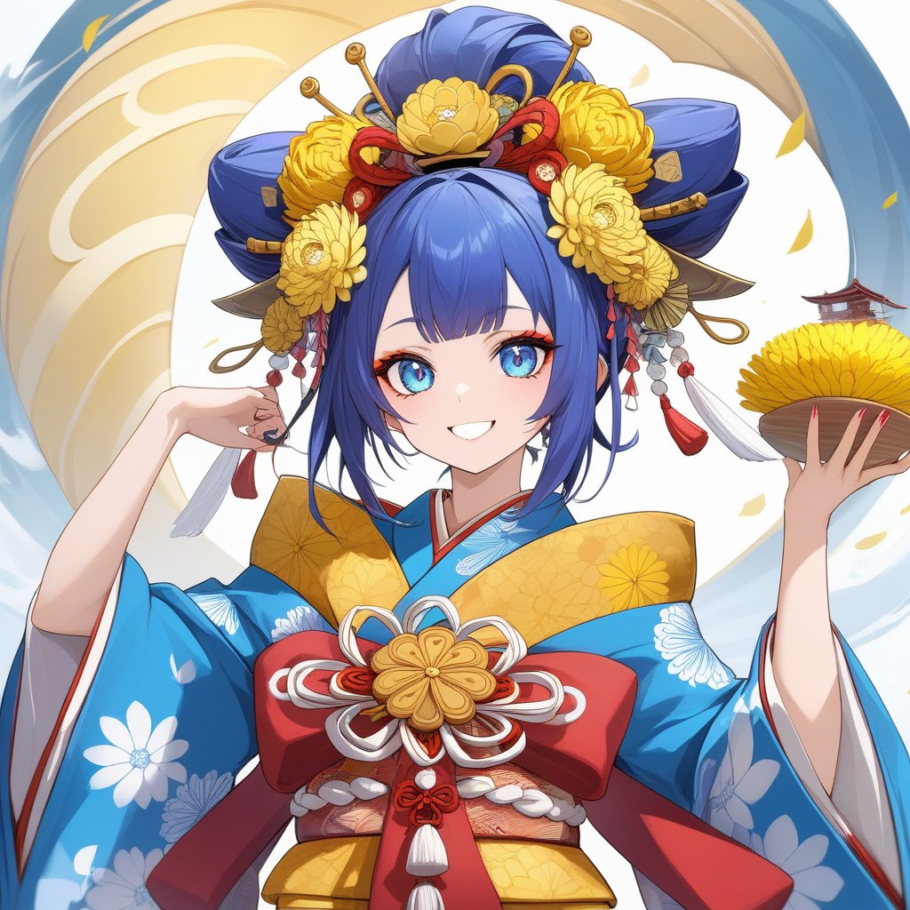 Best Composition, Best Quality, Masterpiece, Front View, Kimono, Hanamachi, Oiran, Oiran in sash, (beautiful girl, big eyes, blue eyes, wide open smile), Japanese hair, Kanzashi for oiran, Sense, (kimono, fine pattern of yellow chrysanthemum flowers), Dashing, Background Port, Artist, Swirl Features, 3D Animated Art, High Detail, Aesthetic Art, Concept Art, Ultra High Definition, Breathtaking, 8K Resolution, Inspiring, Art Station, Harakami Impact, Pixie Beautiful, 8K Resolution, Various Tracks''