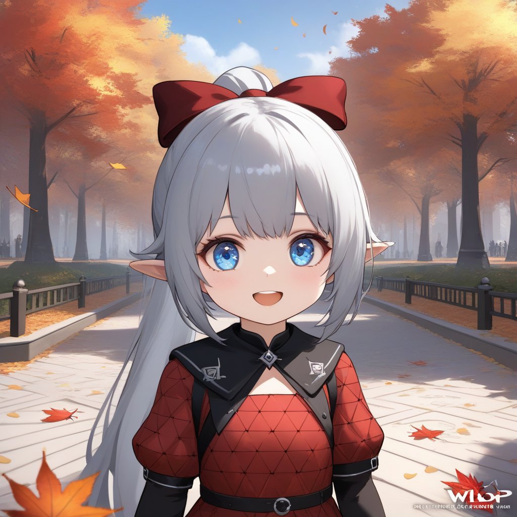 Best composition, Best image quality, Masterpiece, Close-up, (beautiful girl, big eyes, blue eyes, silver hair, wide open mouth smile), ponytail, (dark red fine triangle pattern dress), dashing, background, park, autumn leaves on trees, artist, whirl feature, 3D animation art, WLOP art Station, High Definition, Aesthetic, Concept Art, Ultra High Definition, Breathtaking, 8K Resolution WLOP Inspired, Art Station, #Harakami Impact Pixie, High Definition, Aesthetic,. Concept Art, Ultra High Definition, Breathtakingly Beautiful, 8K Resolution, Various Tracks.