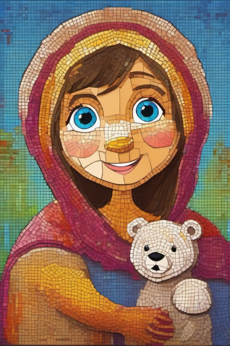 Illustration of Masha and the Bear in mosaic style, with beautiful bright colors