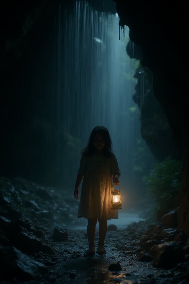 a young girl aged 9 years, crying carrying a lantern, in a dark and wet cave, drops of water falling from the top of the cave, faint light, small rocks all around,