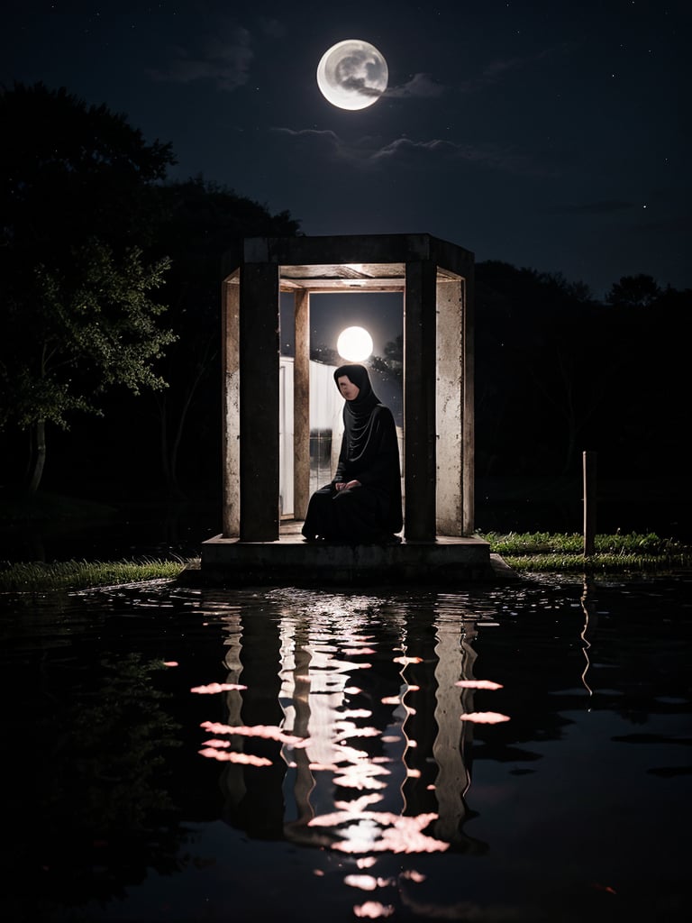 ASCIIscore_9, score_8_up, score_7_up, 1girl, solo, hijab, romance_mood, dark, moonlight, ephemeral, magical, radiant, lake, reflection, retraction,