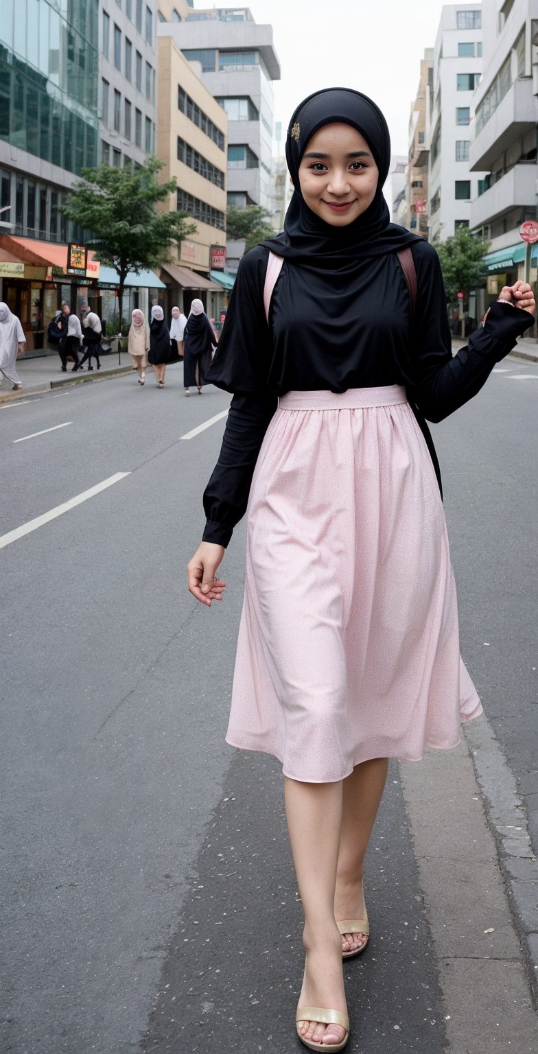 2_girl, hijab, loong sweet dress, model, walking on the city,