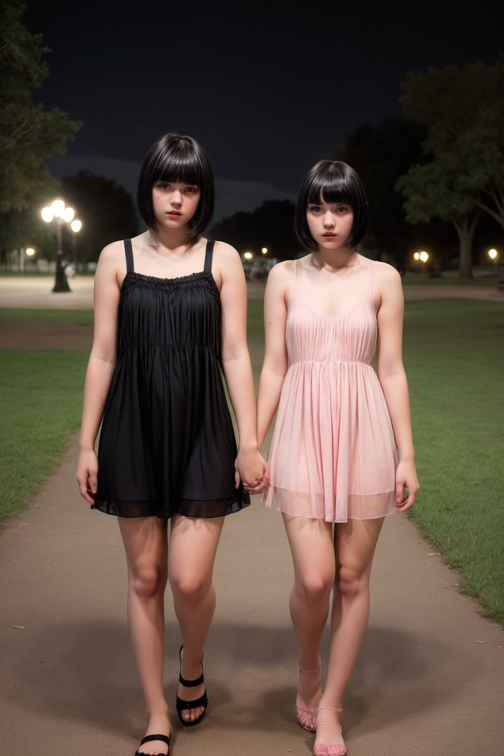 2girl, 2young girl 15 years old, full body, sweet pink night dress, night in the park, model, stylish, short black hair with bangs, bangs