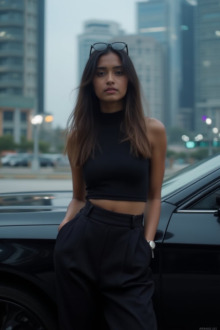 Generate an image of a confident Sri Lankan woman leaning against a sleek, modern car in an urban setting. She’s wearing a high-neck, sleeveless crop top paired with wide-legged, high-waisted trousers, creating a bold and stylish look. Her sunglasses rest on the bridge of her nose as she gazes forward with a relaxed, yet powerful expression. The cityscape behind her is filled with towering buildings and bright lights, reflecting off the polished surface of the car. The scene should evoke a strong, urban vibe, highlighting a blend of modern fashion with a cool, city-chic attitude.,Sweet_young_girl