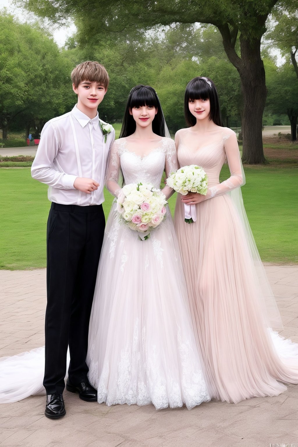 1girl ,1boys, young girl 15 years old, (LISA), smile, close mouth, full_body, transparent wedding dress, days in the park, model, black hair with bangs, bangs