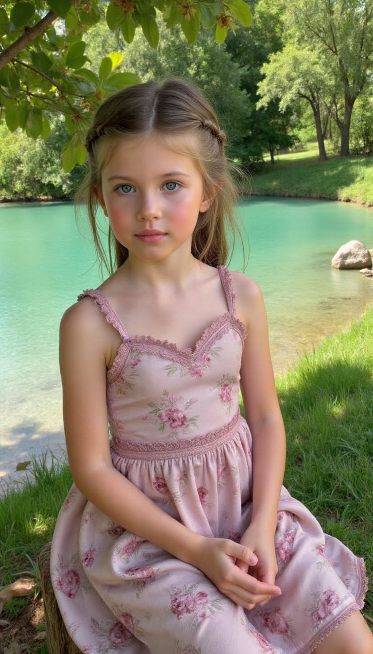 A charming large portrait painting of a tween girl wearing a sleeveless floral dress with delicate lace trim,  capturing h...