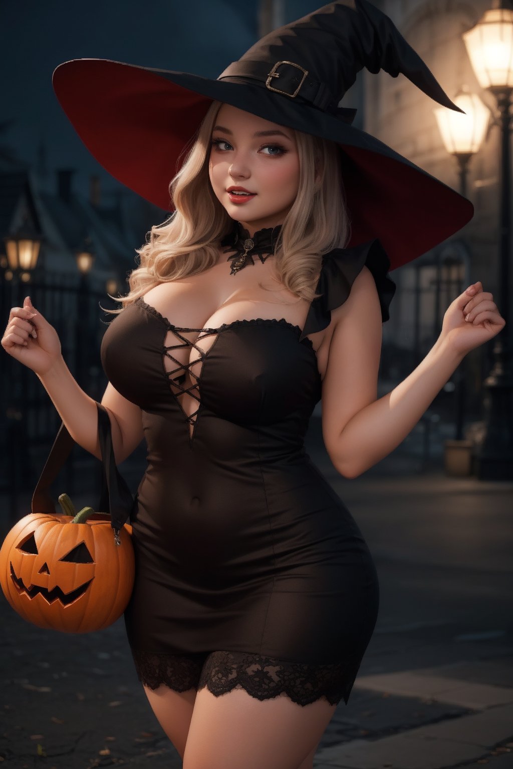  young girl 20year old,curvy, darkness dress, on the night city,3D, Helloween,witch hat