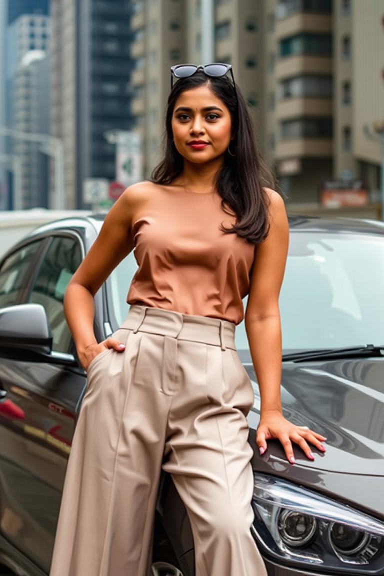 Generate an image of a confident Sri Lankan woman leaning against a sleek, modern car in an urban setting. She’s wearing a high-neck, sleeveless crop top paired with wide-legged, high-waisted trousers, creating a bold and stylish look. Her sunglasses rest on the bridge of her nose as she gazes forward with a relaxed, yet powerful expression. The cityscape behind her is filled with towering buildings and bright lights, reflecting off the polished surface of the car. The scene should evoke a strong, urban vibe, highlighting a blend of modern fashion with a cool, city-chic attitude.