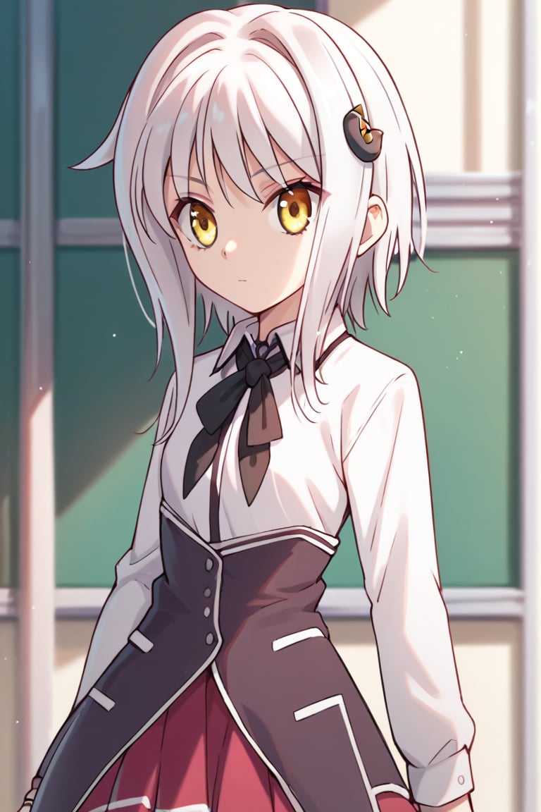 score9_up, score8_up, score7_up, score6_up, 
KONEKO TOUJOU, SHORT HAIR, HAIR ORNAMENT, YELLOW EYES, WHITE HAIR,
SKIRT, SCHOOL UNIFORM, SHIRT, WHITE SHIRT, COLLARED SHIRT, NECKERCHIEF, BLACK NECKERCHIEF, LONG SLEEVES, RED SKIRT, solo,





