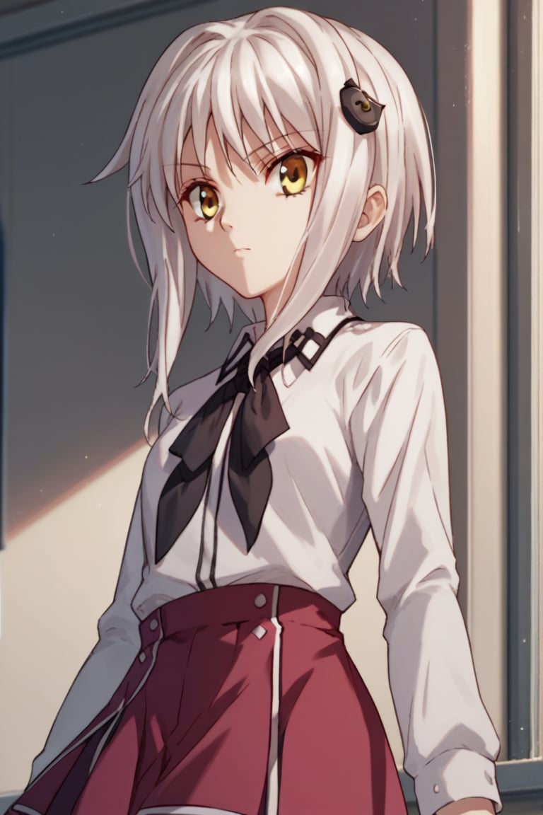 score9_up, score8_up, score7_up, score6_up, 
KONEKO TOUJOU, SHORT HAIR, HAIR ORNAMENT, YELLOW EYES, WHITE HAIR,
SKIRT, SCHOOL UNIFORM, SHIRT, WHITE SHIRT, COLLARED SHIRT, NECKERCHIEF, BLACK NECKERCHIEF, LONG SLEEVES, RED SKIRT, solo,





