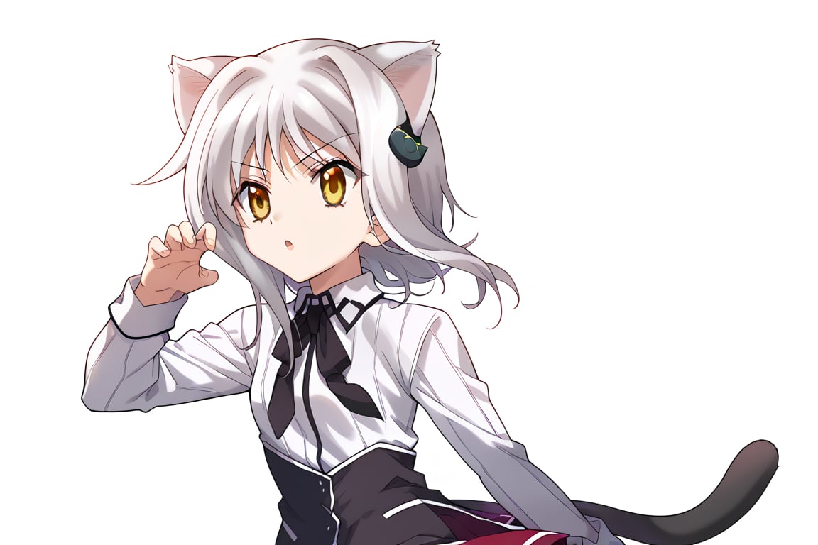 score_9, score_8_up, score_7_up, source_anime, masterpiece, 1girl, ctiank0nek0, dress shirt, pleated skirt, black ribbon, red skirt, half black uniform, long sleeves,  cat ears, cat tail, claw pose, chestnut mouth, , KONEKO TOUJOU, SHORT HAIR, HAIR ORNAMENT, YELLOW EYES, WHITE HAIR, SKIRT, SCHOOL UNIFORM, SHIRT, WHITE SHIRT, COLLARED SHIRT, NECKERCHIEF, BLACK NECKERCHIEF, LONG SLEEVES, RED SKIRT ,

 ,(( white background, blank background))