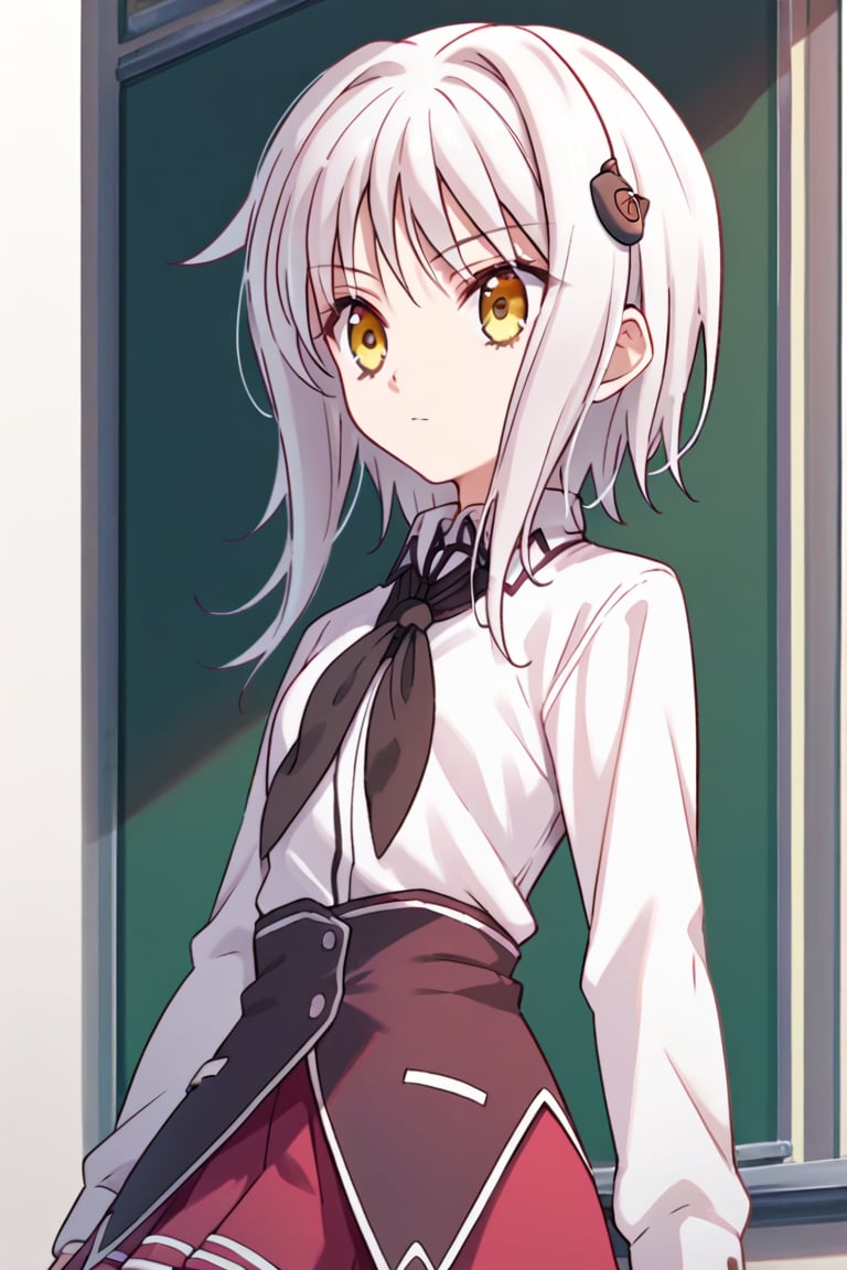 score9_up, score8_up, score7_up, score6_up, 
KONEKO TOUJOU, SHORT HAIR, HAIR ORNAMENT, YELLOW EYES, WHITE HAIR,
SKIRT, SCHOOL UNIFORM, SHIRT, WHITE SHIRT, COLLARED SHIRT, NECKERCHIEF, BLACK NECKERCHIEF, LONG SLEEVES, RED SKIRT, solo,





