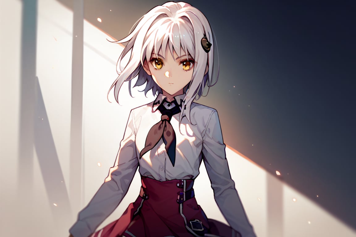 score9_up, score8_up, score7_up, score6_up, 
KONEKO TOUJOU, SHORT HAIR, HAIR ORNAMENT, YELLOW EYES, WHITE HAIR,
SKIRT, SCHOOL UNIFORM, SHIRT, WHITE SHIRT, COLLARED SHIRT, NECKERCHIEF, BLACK NECKERCHIEF, LONG SLEEVES, RED SKIRT, solo,





