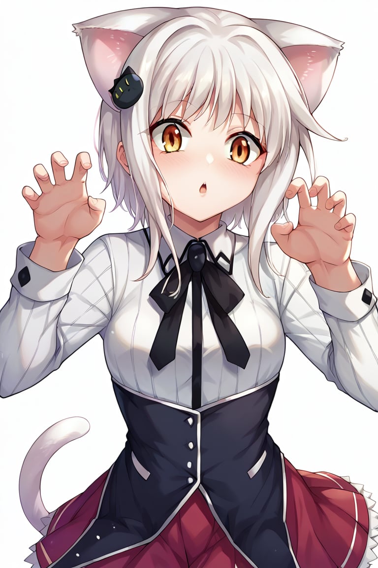 score_9, score_8_up, score_7_up, source_anime, masterpiece, 1girl, ctiank0nek0, dress shirt, pleated skirt, black ribbon, red skirt, half black uniform, long sleeves,  cat ears, cat tail, claw pose, chestnut mouth, 

 ,(( white background, blank background))