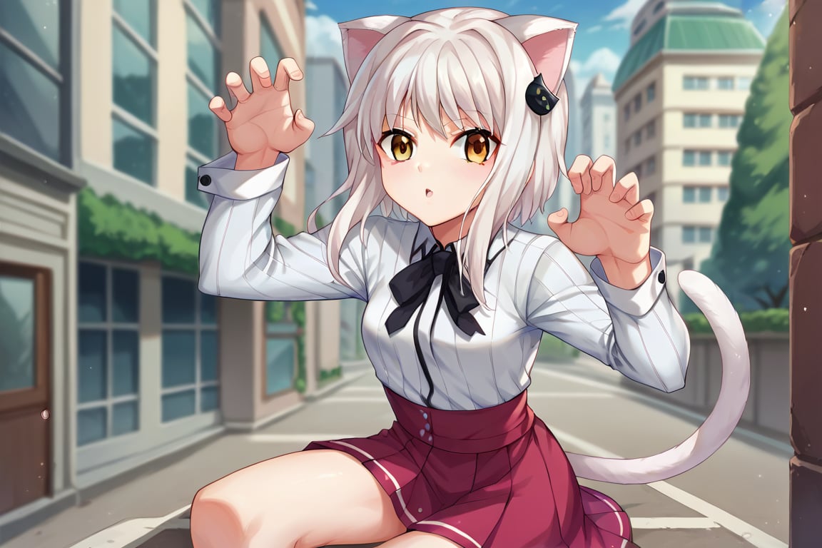 score_9, score_8_up, score_7_up, source_anime, masterpiece, 1girl, ctiank0nek0, dress shirt, pleated skirt, black ribbon, red skirt, half black uniform, long sleeves, outdoors, city, depth of field, looking at viewer, cat ears, cat tail, claw pose, chestnut mouth, 