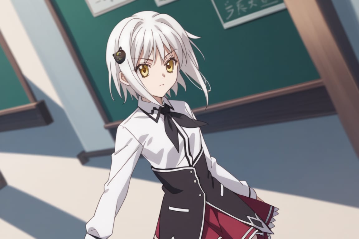 score9_up, score8_up, score7_up, score6_up, 
KONEKO TOUJOU, SHORT HAIR, HAIR ORNAMENT, YELLOW EYES, WHITE HAIR,
SKIRT, SCHOOL UNIFORM, SHIRT, WHITE SHIRT, COLLARED SHIRT, NECKERCHIEF, BLACK NECKERCHIEF, LONG SLEEVES, RED SKIRT, solo,





