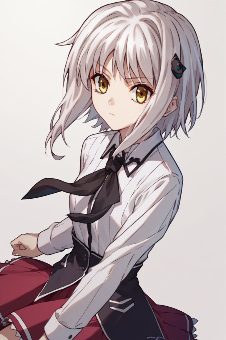 score9_up, score8_up, score7_up, score6_up, 
KONEKO TOUJOU, SHORT HAIR, HAIR ORNAMENT, YELLOW EYES, WHITE HAIR,
SKIRT, SCHOOL UNIFORM, SHIRT, WHITE SHIRT, COLLARED SHIRT, NECKERCHIEF, BLACK NECKERCHIEF, LONG SLEEVES, RED SKIRT, solo,





