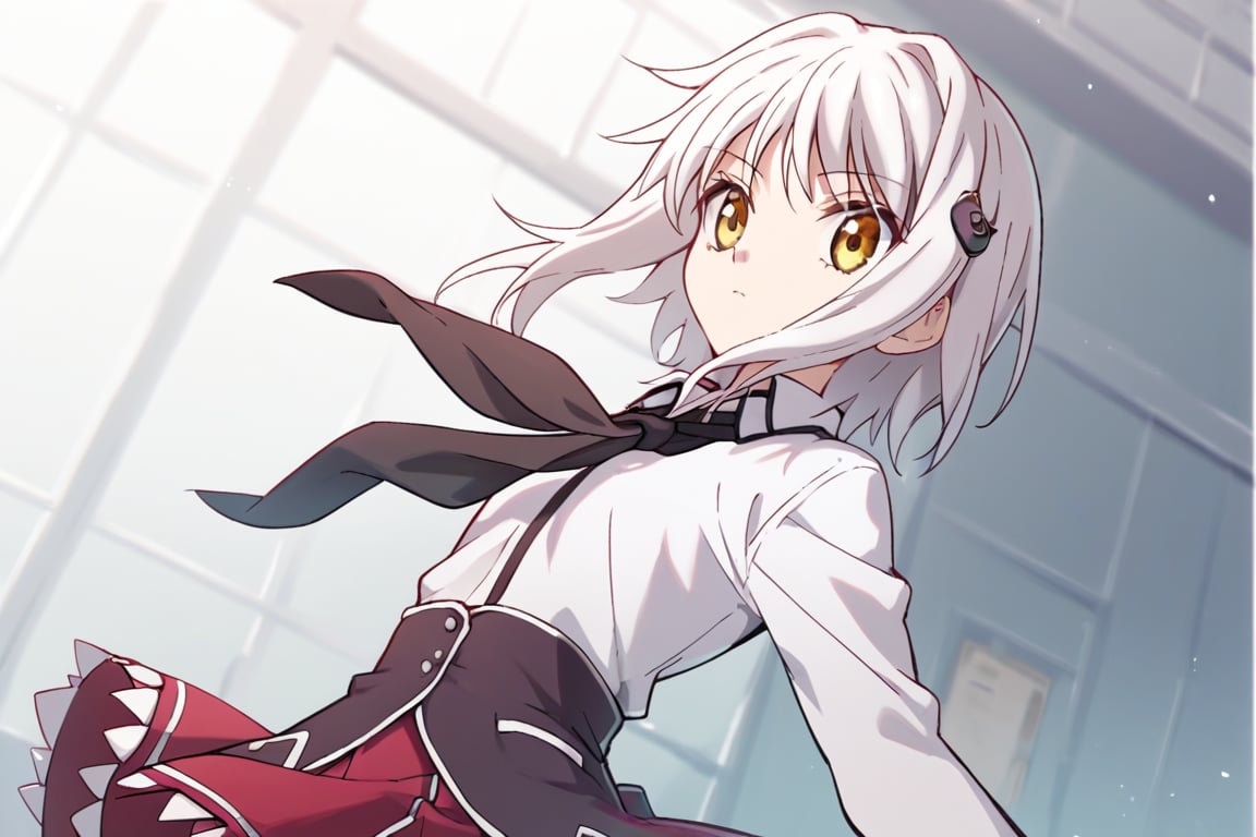 score9_up, score8_up, score7_up, score6_up, 
KONEKO TOUJOU, SHORT HAIR, HAIR ORNAMENT, YELLOW EYES, WHITE HAIR,
SKIRT, SCHOOL UNIFORM, SHIRT, WHITE SHIRT, COLLARED SHIRT, NECKERCHIEF, BLACK NECKERCHIEF, LONG SLEEVES, RED SKIRT, solo,





