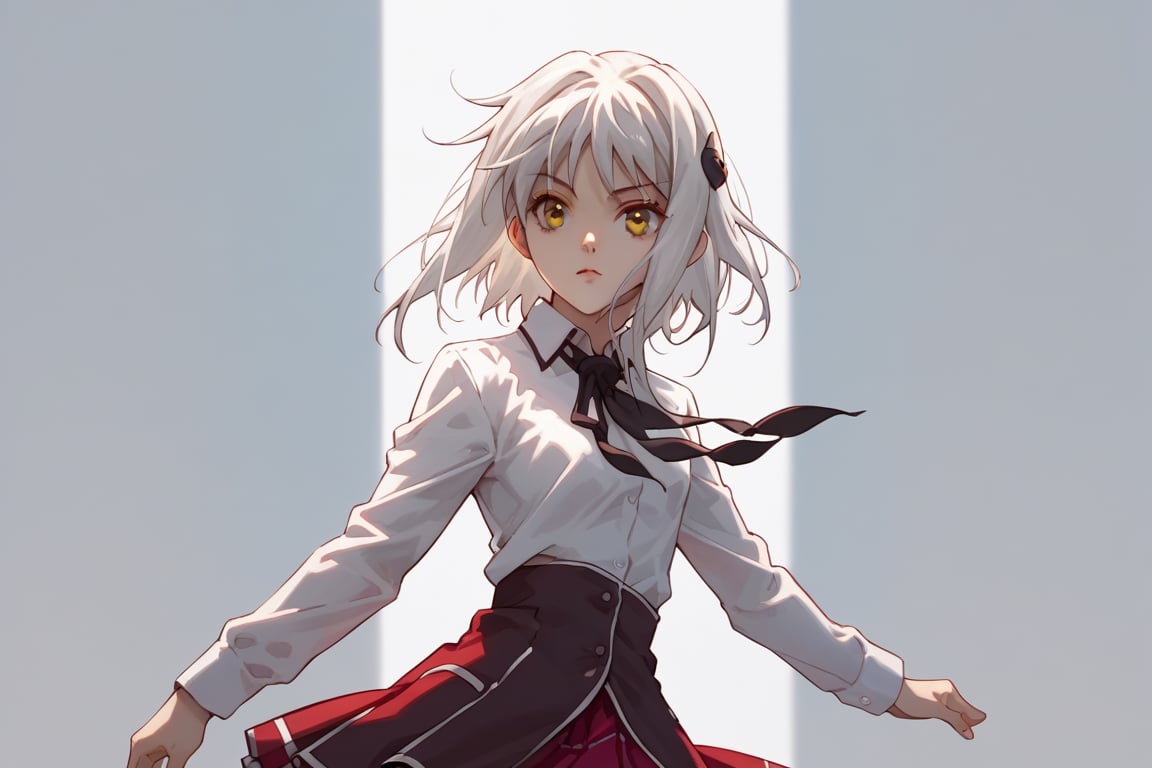 score9_up, score8_up, score7_up, score6_up, 
KONEKO TOUJOU, SHORT HAIR, HAIR ORNAMENT, YELLOW EYES, WHITE HAIR,
SKIRT, SCHOOL UNIFORM, SHIRT, WHITE SHIRT, COLLARED SHIRT, NECKERCHIEF, BLACK NECKERCHIEF, LONG SLEEVES, RED SKIRT, solo,





