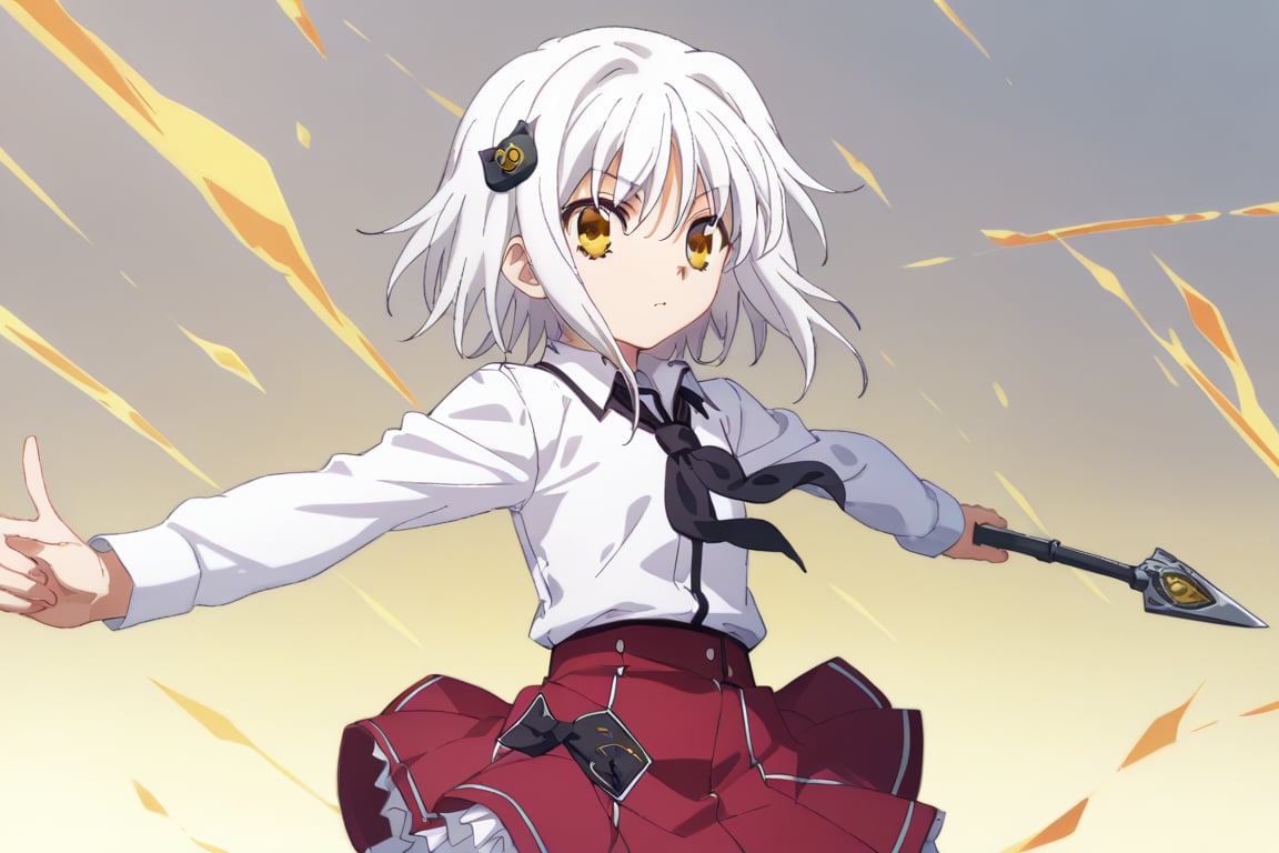 score9_up, score8_up, score7_up, score6_up, 
KONEKO TOUJOU, SHORT HAIR, HAIR ORNAMENT, YELLOW EYES, WHITE HAIR,
SKIRT, SCHOOL UNIFORM, SHIRT, WHITE SHIRT, COLLARED SHIRT, NECKERCHIEF, BLACK NECKERCHIEF, LONG SLEEVES, RED SKIRT, solo,





