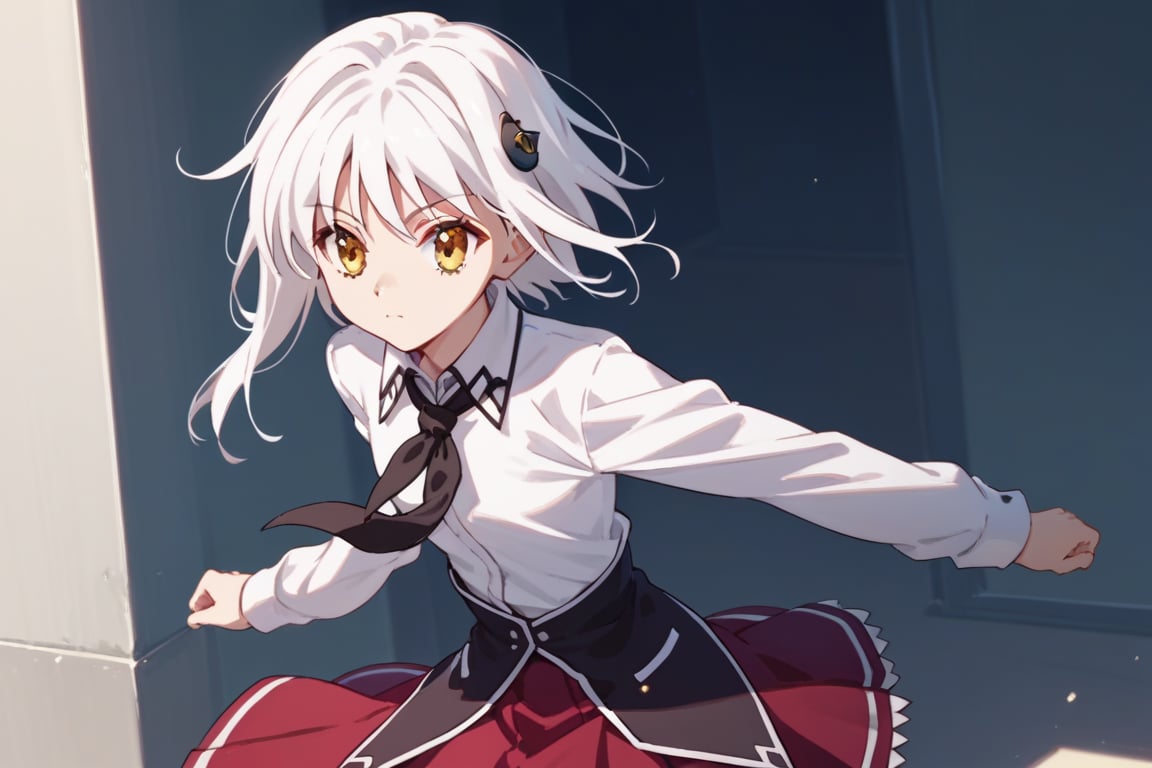 score9_up, score8_up, score7_up, score6_up, 
KONEKO TOUJOU, SHORT HAIR, HAIR ORNAMENT, YELLOW EYES, WHITE HAIR,
SKIRT, SCHOOL UNIFORM, SHIRT, WHITE SHIRT, COLLARED SHIRT, NECKERCHIEF, BLACK NECKERCHIEF, LONG SLEEVES, RED SKIRT, solo,





