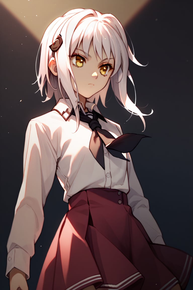 score9_up, score8_up, score7_up, score6_up, 
KONEKO TOUJOU, SHORT HAIR, HAIR ORNAMENT, YELLOW EYES, WHITE HAIR,
SKIRT, SCHOOL UNIFORM, SHIRT, WHITE SHIRT, COLLARED SHIRT, NECKERCHIEF, BLACK NECKERCHIEF, LONG SLEEVES, RED SKIRT, solo,





