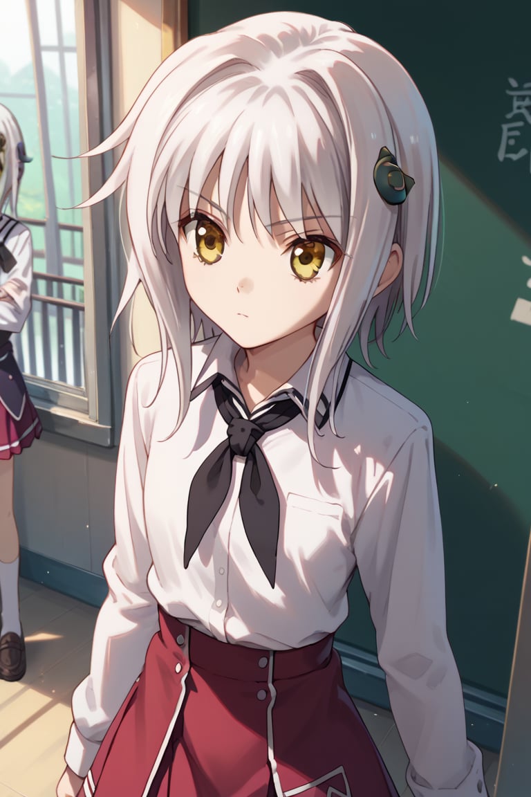 score9_up, score8_up, score7_up, score6_up, 
KONEKO TOUJOU, SHORT HAIR, HAIR ORNAMENT, YELLOW EYES, WHITE HAIR,
SKIRT, SCHOOL UNIFORM, SHIRT, WHITE SHIRT, COLLARED SHIRT, NECKERCHIEF, BLACK NECKERCHIEF, LONG SLEEVES, RED SKIRT, solo,





