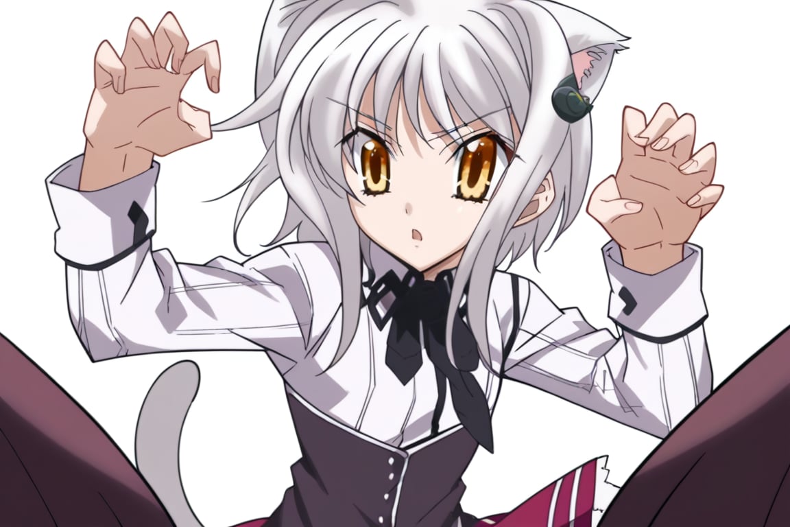 score_9, score_8_up, score_7_up, source_anime, masterpiece, 1girl, ctiank0nek0, dress shirt, pleated skirt, black ribbon, red skirt, half black uniform, long sleeves,  cat ears, cat tail, claw pose, chestnut mouth, , KONEKO TOUJOU, SHORT HAIR, HAIR ORNAMENT, YELLOW EYES, WHITE HAIR, SKIRT, SCHOOL UNIFORM, SHIRT, WHITE SHIRT, COLLARED SHIRT, NECKERCHIEF, BLACK NECKERCHIEF, LONG SLEEVES, RED SKIRT ,

 ,(( white background, blank background))