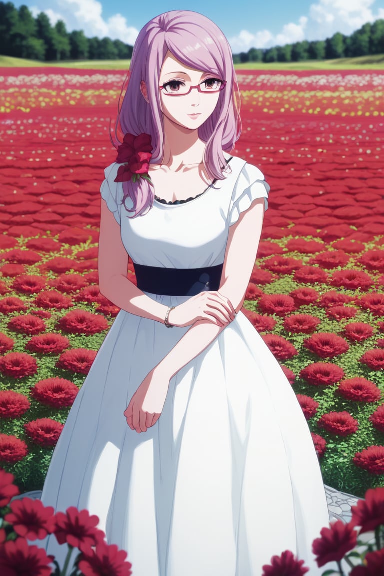 ,  score9_up, score8_up, score7_up, score6_up, slimes_rize, woman, solo, dress, red glasses, red flower field background