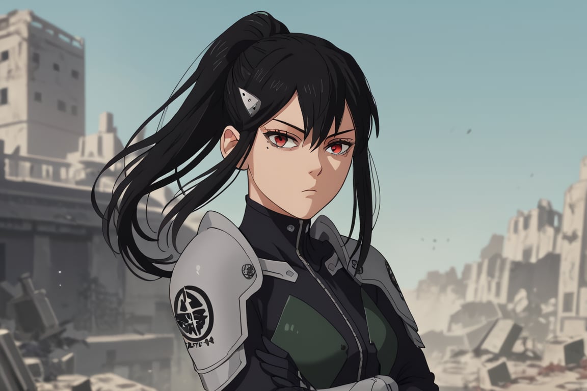 , score_9, score_8_up, score_7_up, score_6_up, score_5_up, score_4_up, source_anime, masterpiece , anime screencap,  absurdres, minaashiro, black hair, ponytail, long hair, hair ornament, mole under eye, mole, red eyes bodysuit, armor, wide_hips upper body, destroyed_city ruins, looking at viewer, expressionless, crossed arms, from side, 