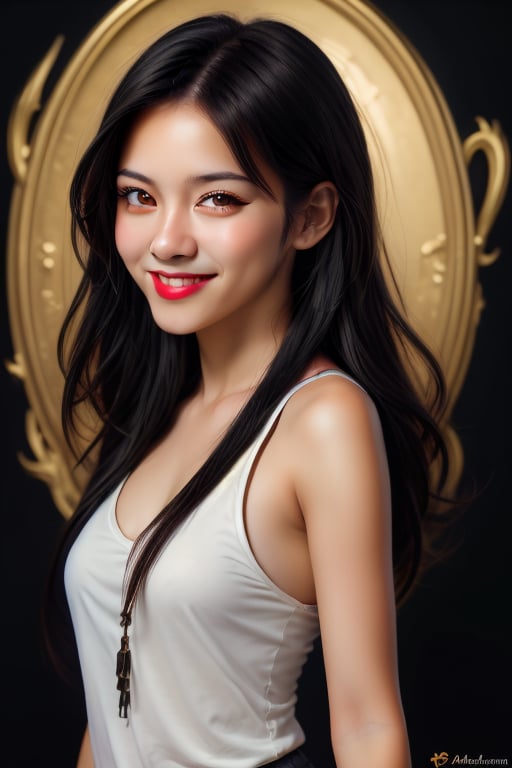 solo, looking at viewer, black hair, 1girl, upper body, female focus, black eyes, lips, realistic, long hair, smile, fantasy background 