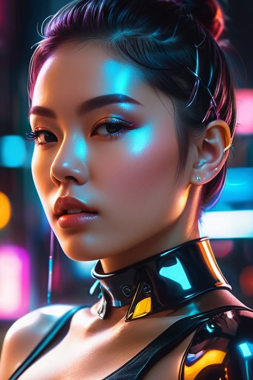 a close up of a woman wearing a shiny top and a choke, ross tran 8 k, glowing magical shiny skin, by Russell Dongjun Lu, beautiful digital artwork, brandon woelfel, ross tran style, bright cyberpunk glow, dreamy cyberpunk girl, artem demura beeple, cyberpunk vibes, in the style of ross tran, by Yanjun Cheng