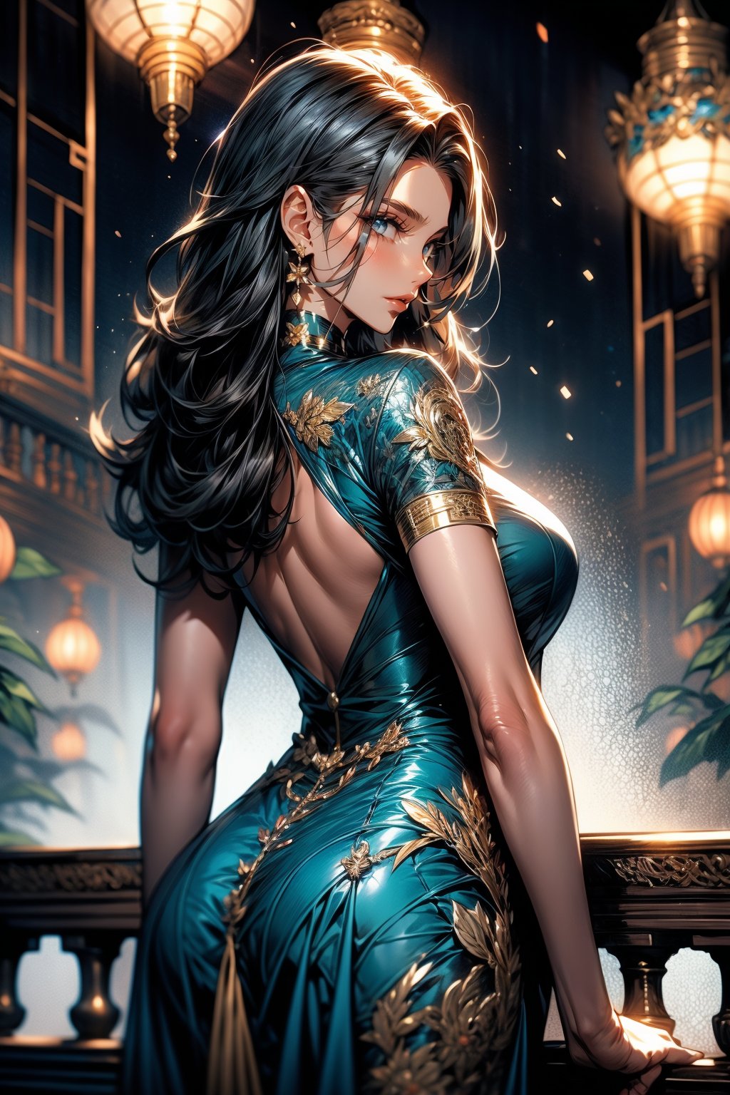 A majestic woman poses regally within an ornate courtyard, adorned in a shimmering cheongsam dress that catches golden lantern light. Softly illuminated, her porcelain skin and rustling silk fabric blend with intricate stone carvings and lush greenery. Long black hair cascades down her back like a waterfall, framing her stoic face with deliberate calmness. One hand rests on the ornate balustrade, while the other cradles a delicate fan with intricate designs reflected in her serene expression.