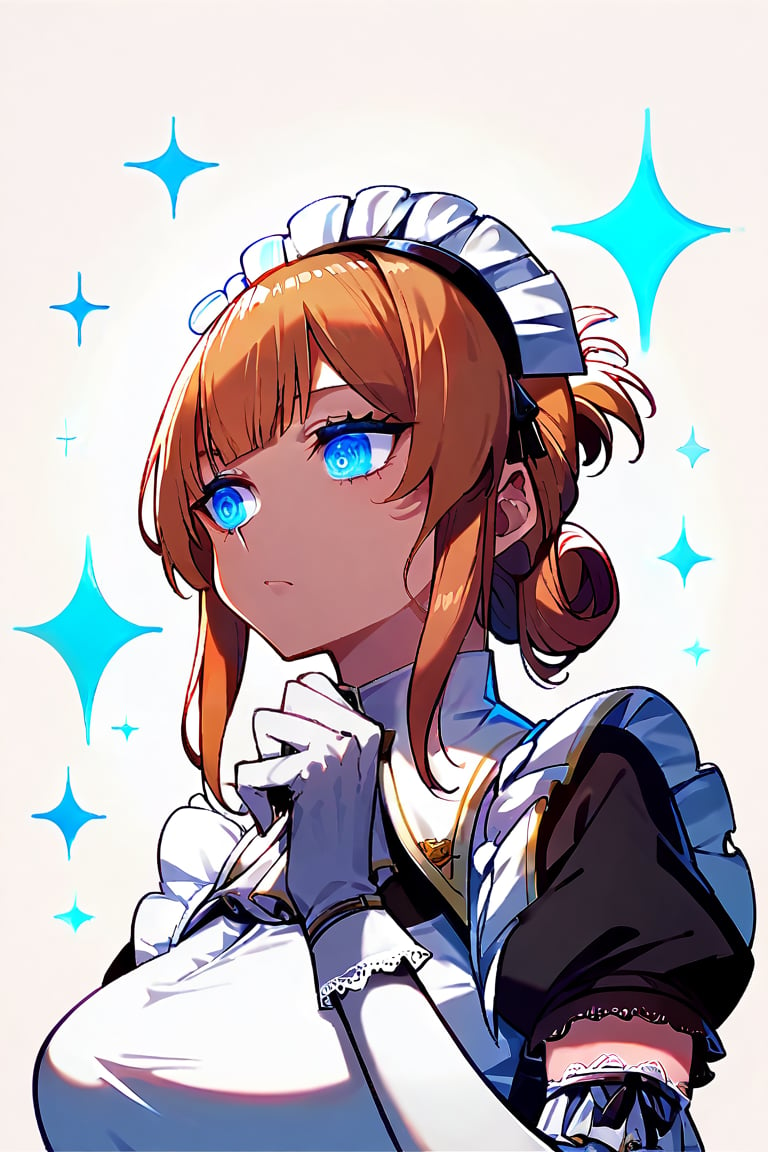 score_9, score_8_up, score_7_up, score_6_up, zPDXL3, source_anime, mature, Risa, upper_body, one hand on own chin, thinking, Noir maid outfit, maid headdress, elbow gloves, colorful, white background with blue stars, fading border, side lighting,