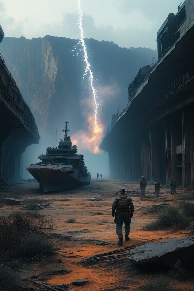 Composition: A futuristic warzone landscape unfolds an industrial military ship emerges from a dusty, ravaged horizon. Weathered textures and rusty hues dominate the foreground, depicting the aged structure's battle-worn features. The sky above is a deep shade of indigo, gradually lightening to a faint blue towards the upper left corner, where a burst of orange and yellow illuminates the atmosphere. A military unit, dressed in muted earth tones, moves cautiously into the frame, led by a helmeted figure holding a rifle at the ready. The landscape's worn terrain, complete with rocky outcroppings and ravaged foliage, stretches towards the vanishing point, drawing the viewer's eye into the gritty, adventurous scene.