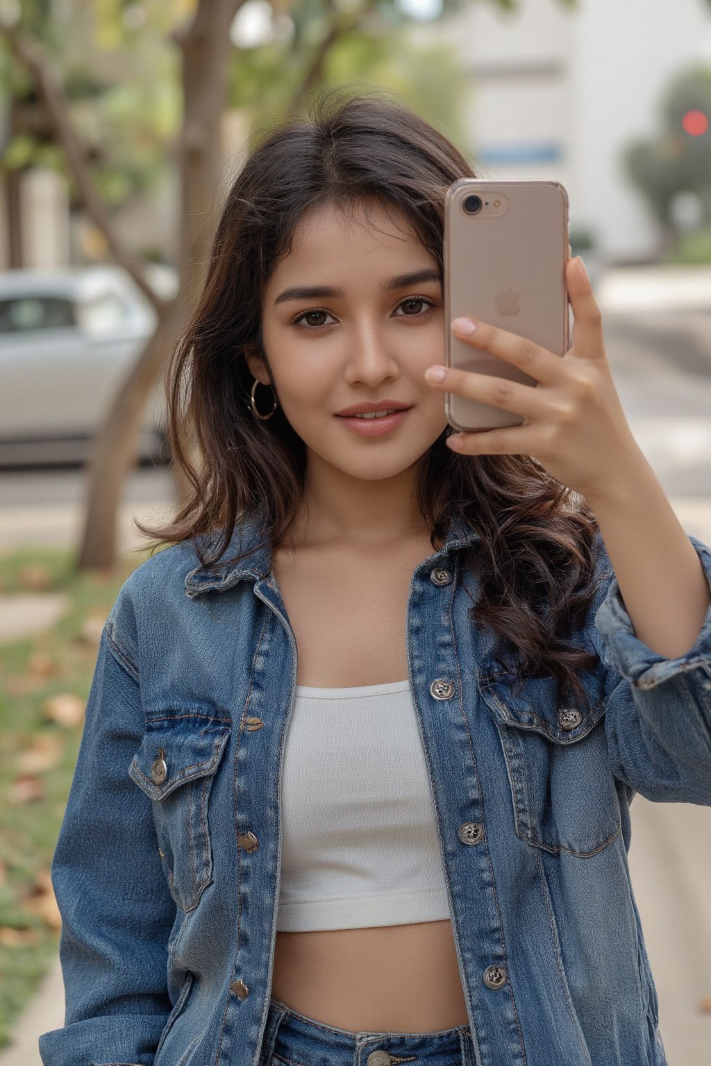 a very beautiful indian girl wearing denim jacket taking selfie with iphone. she has beautiful dark black open hair. head to knee photo
