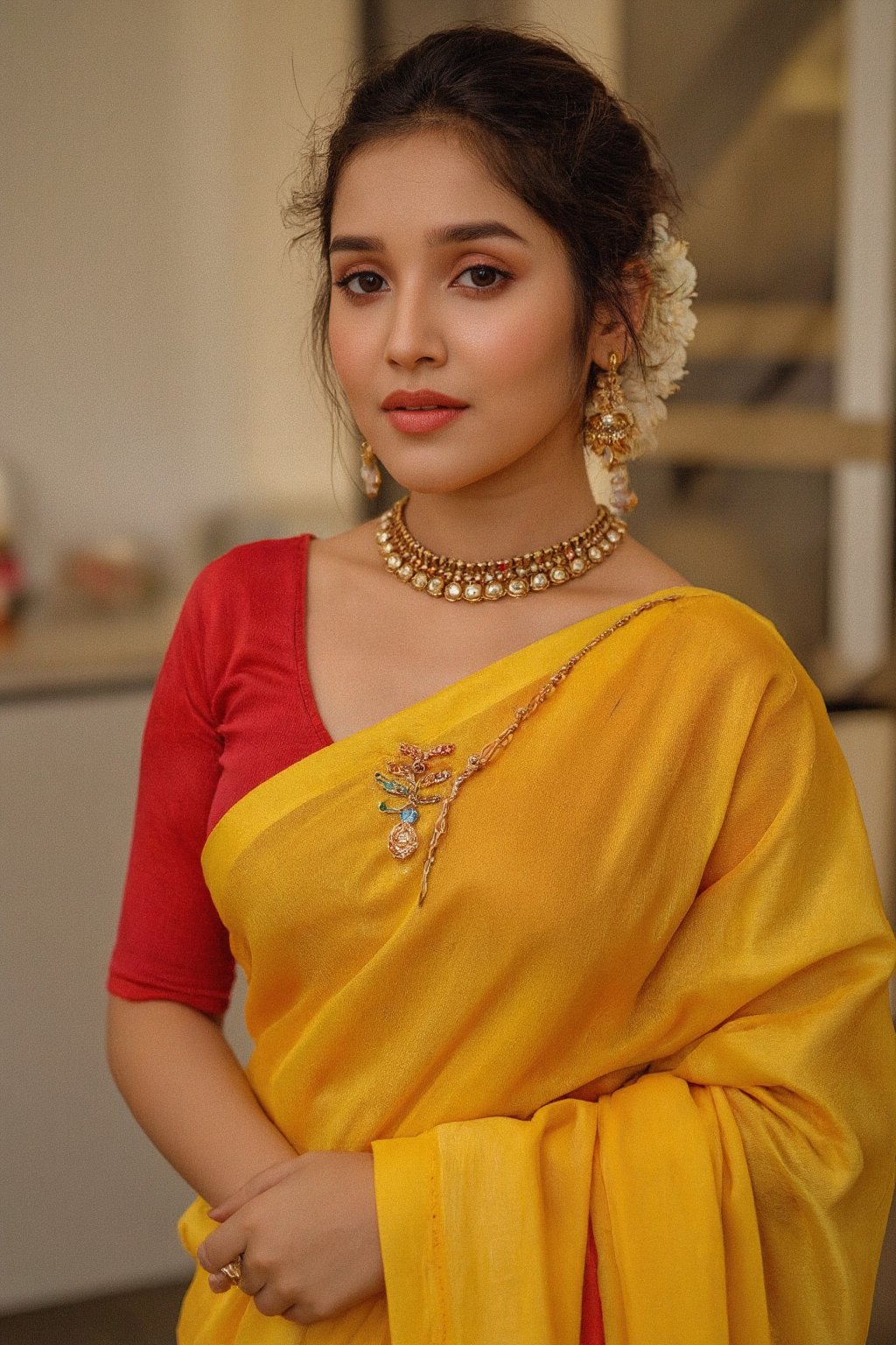 a very beautiful girl in yellow saree and red blouse